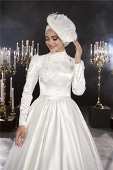 Luxury Satin Islamic Wedding Gown Ivory Muslim Bridal Dress for Bride Long Sleeves Appliques Beads Vestidos De Novia